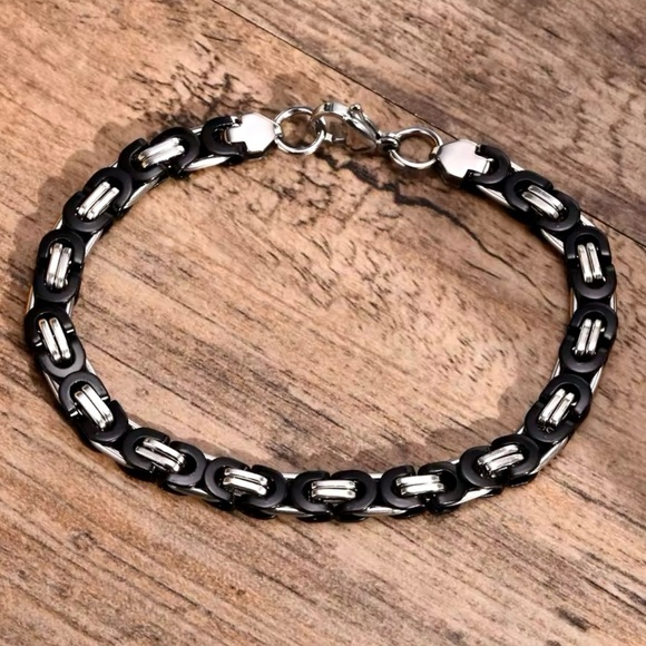 8.5mm Black Silver Link Chain Bracelets for Men Two Tone Bracelet 8” - Picture 3 of 6